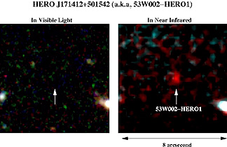 A HERO, located near a radio galaxy, that is invisible on the left but reddish as displayed in a near infrared image.